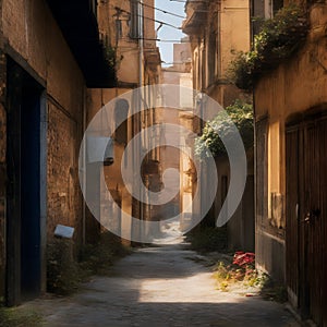 image of the run down part of the old,unknown,inner city,narrow,winding streets and dilapidated buildings.