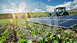 An image of a rural farmland with wind turbines and solar panels in the distance. In the forefront a farmer is using a