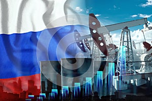 Image of the Russian flag of an oil pump rig and barrels with graphs. The concept of oil production, regulation of mining, the