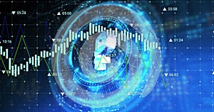 Image of russian ruble symbol on rotating safe lock over processing data