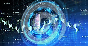 Image of russian ruble symbol on rotating safe lock over processing data