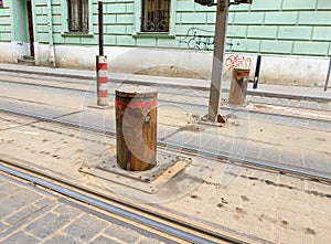 Image of rusty and damaged automatic barrier in city downtoan