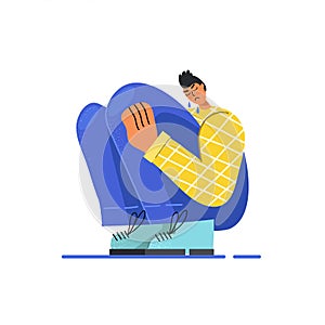 Image of a sad young guy sitting and unhappily hugging his knees and crying. The man is depressed. Vector stock illustration. Flat
