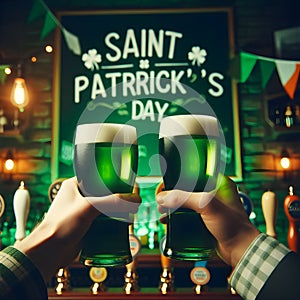 image of Saint Patrick\'s Day, caricature hand holding pints of green beer in an Irish pub background.