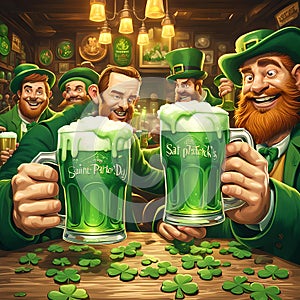 image of Saint Patrick\'s Day, caricature hand holding pints of green beer in an Irish pub background.
