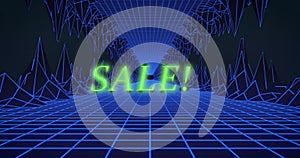 Image of sale text in green neon letters over blue glowing map with grid