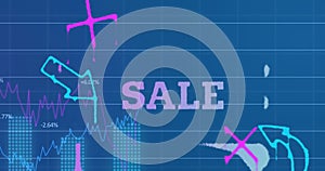 Image of sale text and icons over data processing on blue background