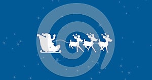 Image of santa claus in sleigh with reindeer over snow falling on blue background