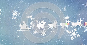 Image of santa claus in sleigh with reindeer over snow falling in winter scenery