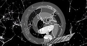 Image of satellite over globe and network of connections on black background