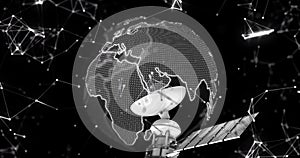 Image of satellite over globe and network of connections on black background