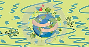 Image of save energy text over globe with trees and leaves on blue and green background