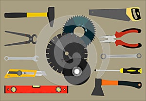 Image of a saw, pliers, axes and other tools for construction and repair