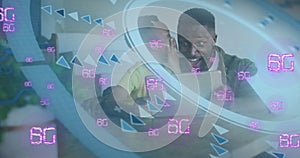 Image of scan scope over african american father and son using laptop