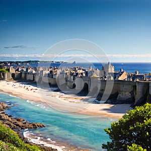 Scenic view of Sillon beach and and Fort National in Saint-Malo, Brittany, France made with Generative AI photo