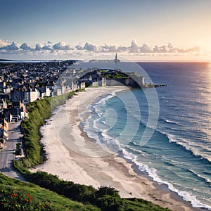 Scenic view of Sillon beach and and Fort National in Saint-Malo, Brittany, France made with Generative AI photo