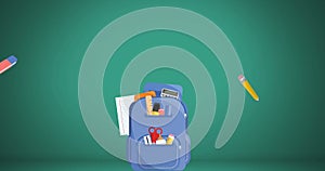 Image of school items and backpack icons on green background