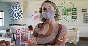 Image of school items icons moving over female teacher wearing face mask