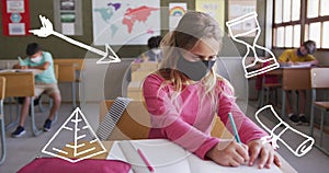 Image of school items icons moving over schoolchildren wearing face masks