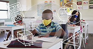 Image of school items icons moving over schoolchildren wearing face masks