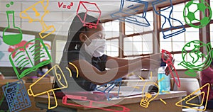 Image of school items icons moving over schoolgirl wearing face masks