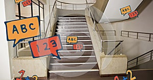 Image of school items icons moving over stairs