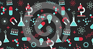 Image of science concept icons with copy space on black background