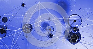 Image of scientific data processing and connections over purple background