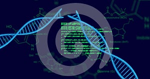 Image of scientific data processing and dna strands over dark background
