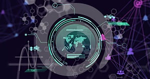 Image of scientific data processing and globe over dark background