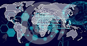 Image of scientific data processing and human brain with world map over dark background