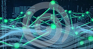 Image of scientific data processing over dna strand on dark background