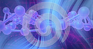 Image of scientific data processing over dna strand on dark background