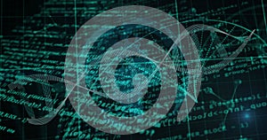 Image of scientific data processing over dna strands on dark background