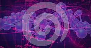 Image of scientific data processing over dna strands on dark background