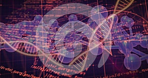 Image of scientific data processing over dna strands on dark background