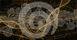 Image of scientific data processing over dna strands on dark background