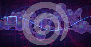 Image of scientific data processing over dna strands on dark background