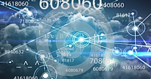 Image of scientific data processing and web of connections over cloudy sky