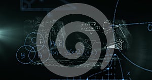 Image of scientific formulae over screens with data