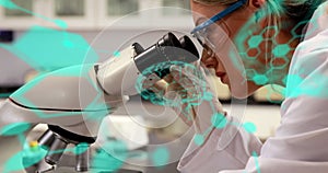 Image of scientific medical data and digital interface over female scientist using microscope in lab