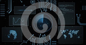Image of scope, circuit board and data processing over screens on black background