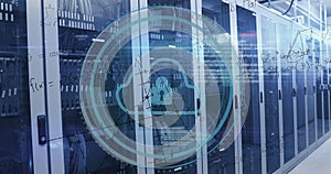 Image of scope with digital cloud and data processing over computer servers