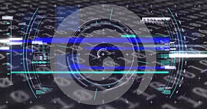 Image of scope scanning, binary code and data processing on black background