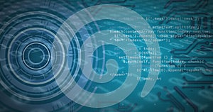 Image of scope scanning and binary coding data processing over blue background