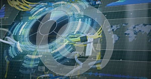 Image of scope scanning and binary coding over man wearing vr headset