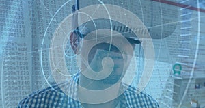 Image of scope scanning and binary coding over man wearing vr headset