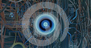 Image of scope scanning, circuit board and data processing over cables in computer server