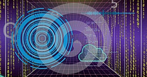 Image of scope scanning, cloud and data processing over purple background