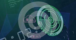 Image of scope scanning and cloud icons over data processing